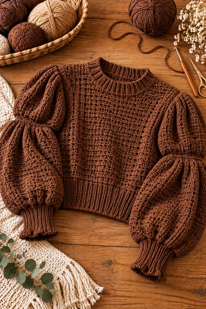 Brown Crochet Sweater for Women With Puff Sleeves — crochet brown sweater style outfit
