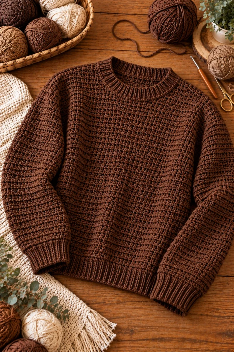 Brown Crochet Sweater for Men With a Classic Fit — crochet brown sweater style outfit