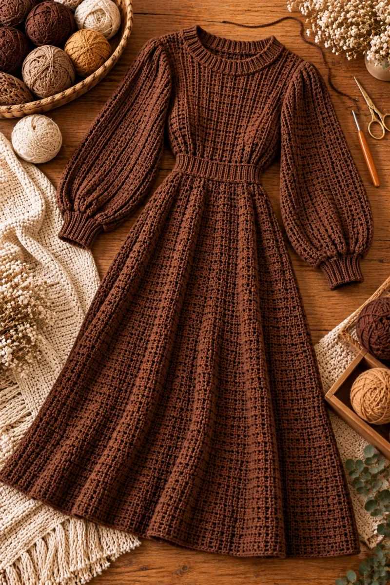Crochet Brown Sweater Dress — crochet brown sweater style outfit