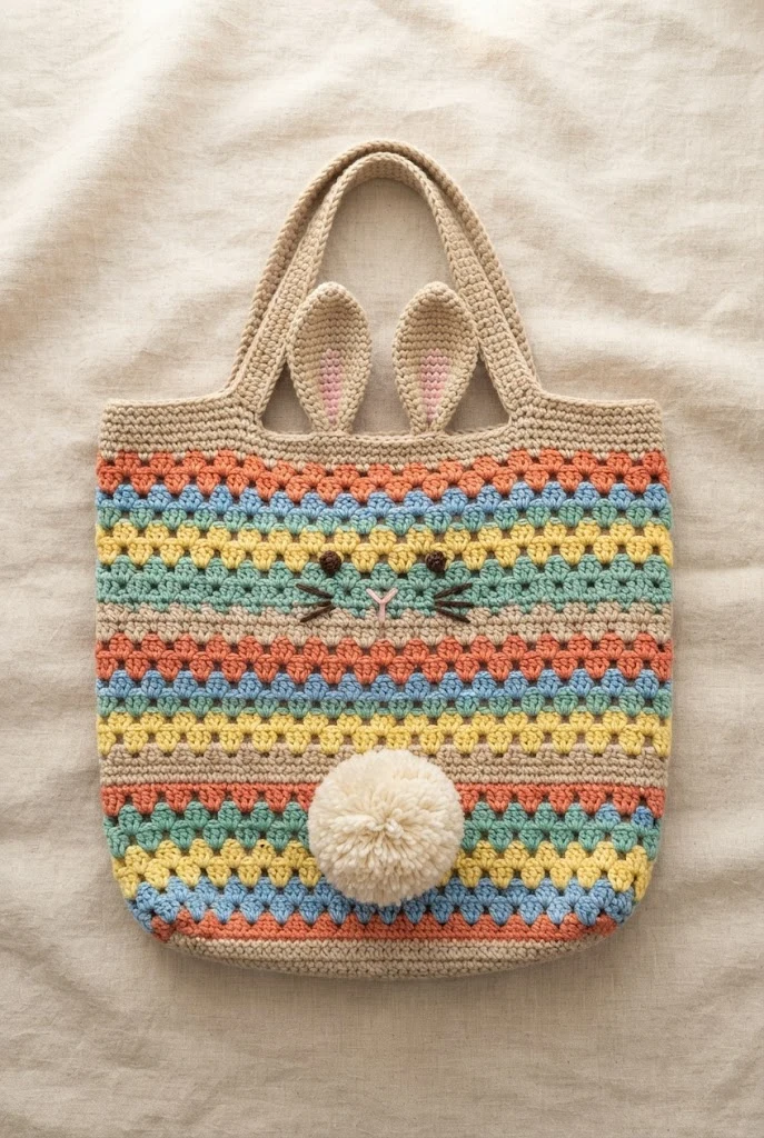 Granny Stripe Bunny Beach Tote — crochet bunny bag