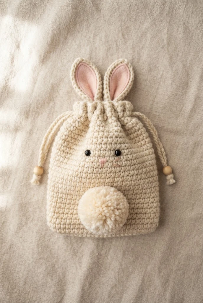 Drawstring Bunny Pouch with Pom-Pom Tail — crochet bunny bag
