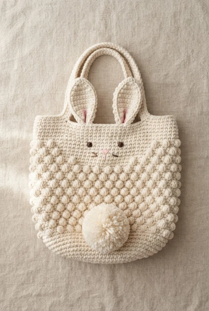 Bobble Stitch Texture Bunny Tote — crochet bunny bag