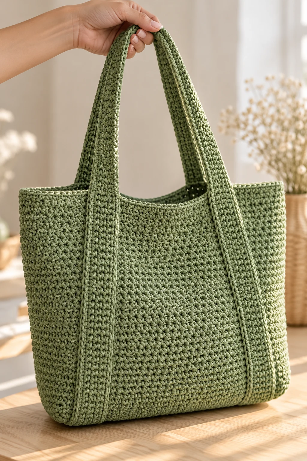 The Sage Green Everyday Tote — crochet canvas bag style outfit