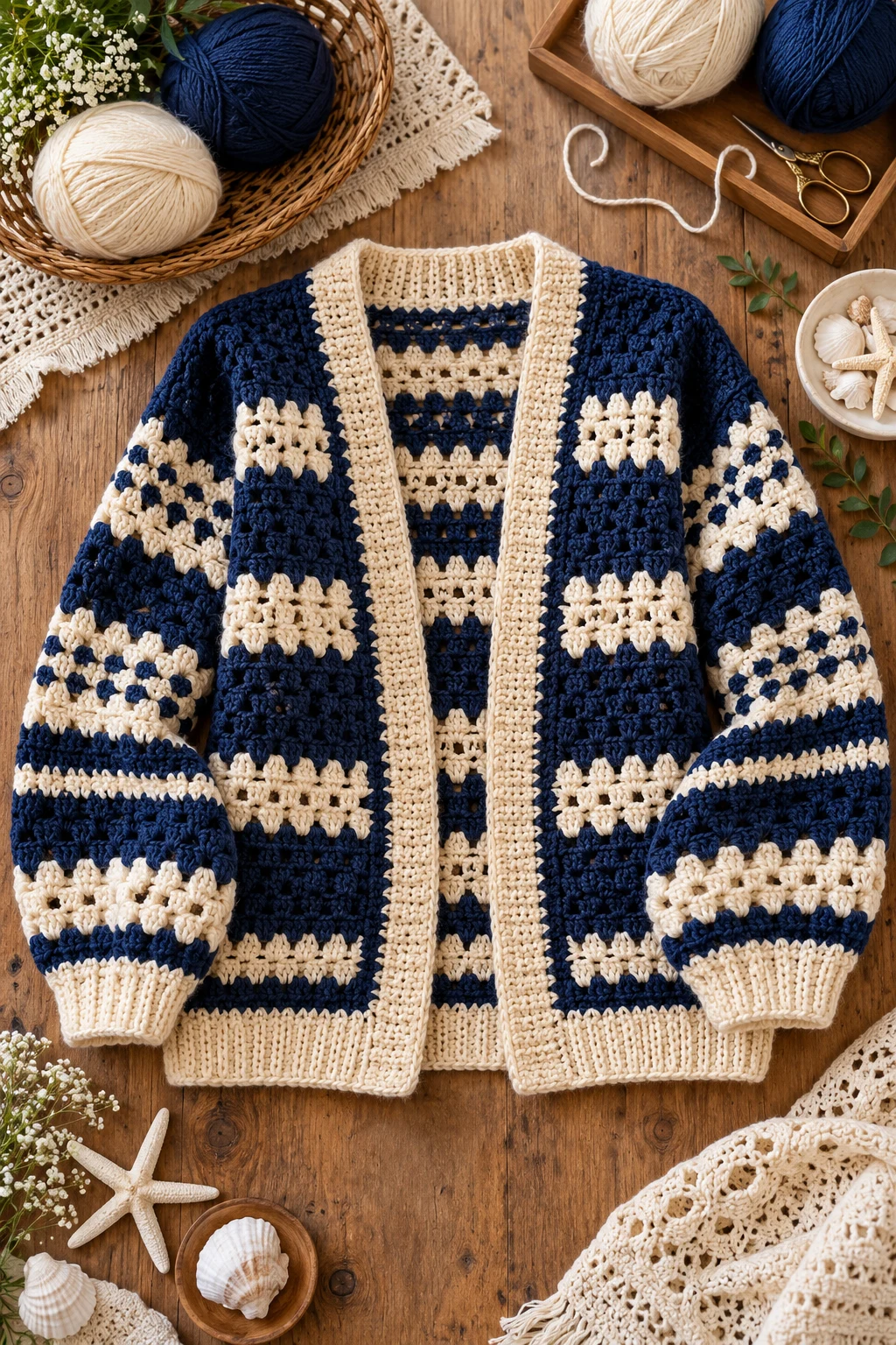 Navy-and-Cream Coastal Cardigan — crochet cardigan pattern free style outfit