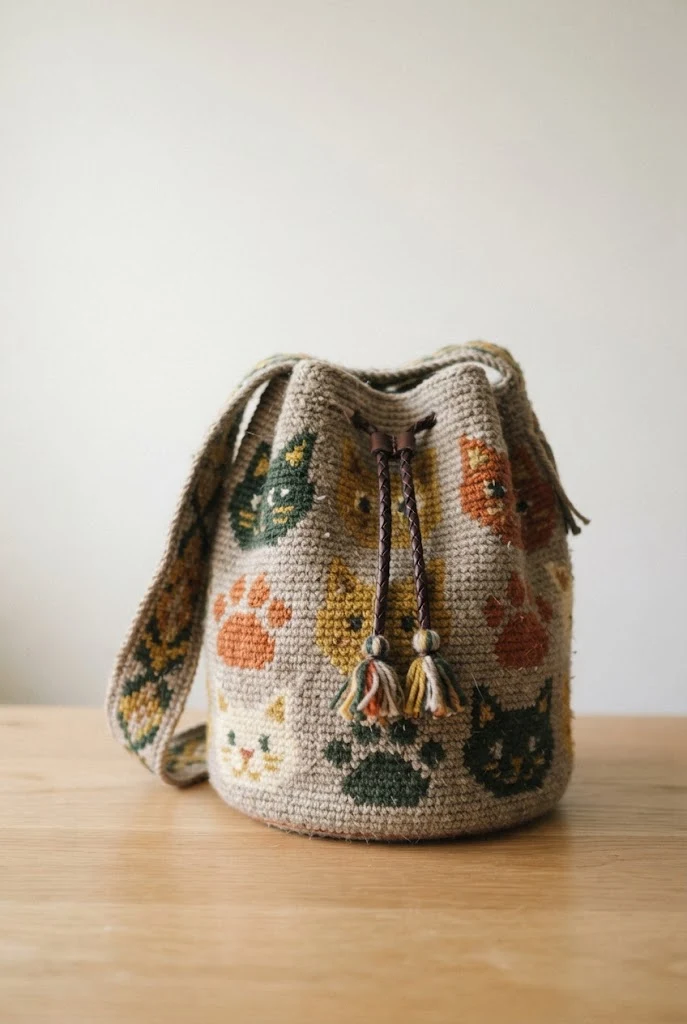 Tapestry Crochet Kitty Bucket Bag — crochet cat bag pattern free style outfit