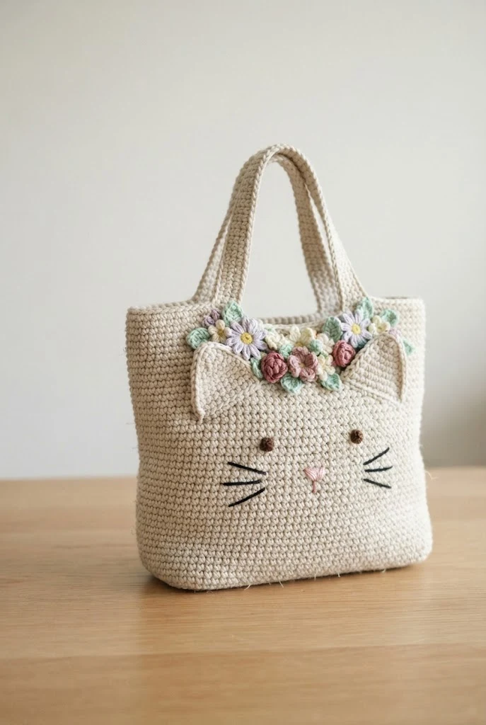 Floral Crown Kitty Tote — crochet cat bag pattern free style outfit