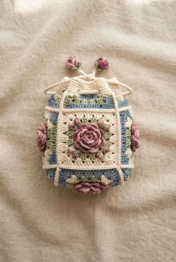 Vintage Rose Granny Square — crochet charm bag