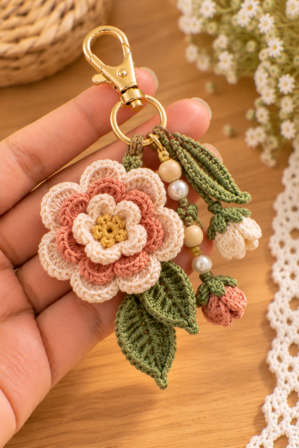 Boho Flower Charm With Leaf Details — crochet charms tutorial style outfit