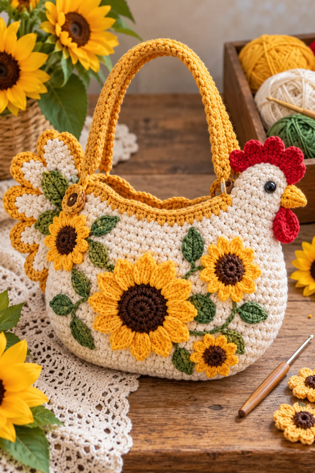 Crochet Chicken Bag With Sunflower Details — crochet chicken bag style outfit