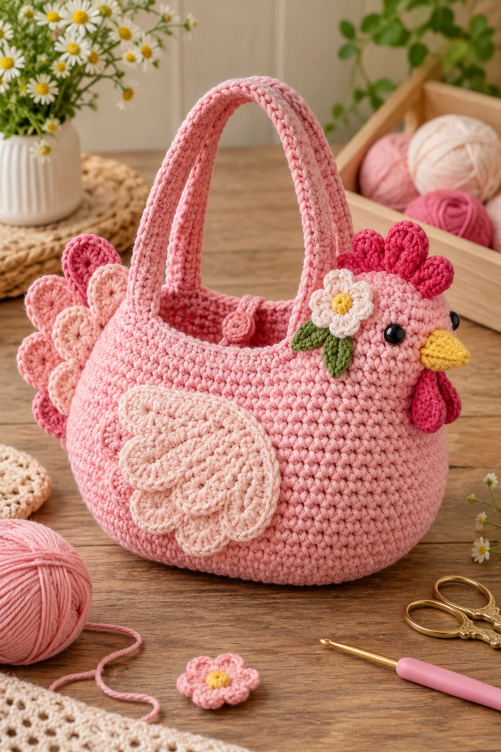Soft Pink Crochet Chick Bag — crochet chicken bag style outfit