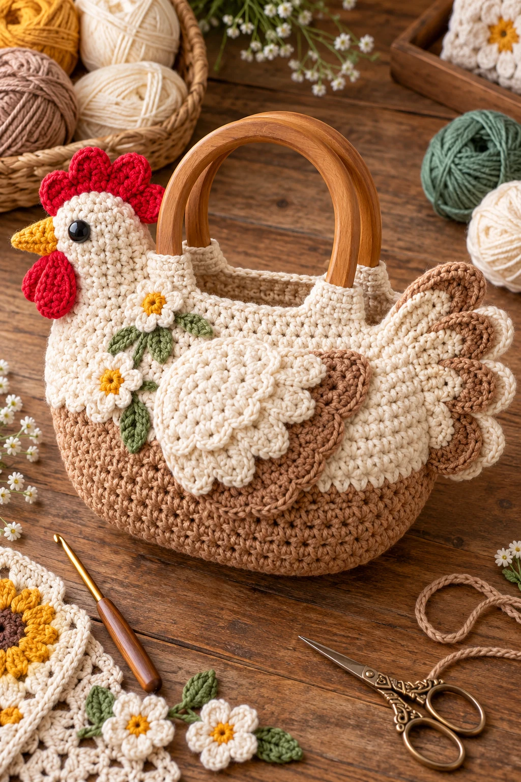 Chicken Basket Bag With Wooden Handles — crochet chicken bag style outfit