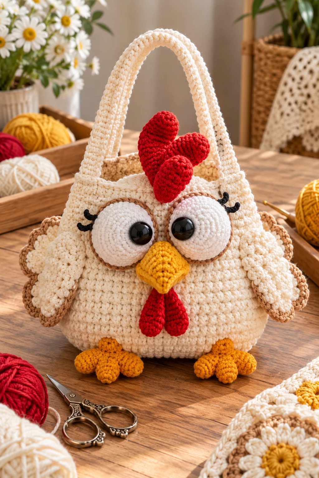 Funny Crochet Chicken Bag With Oversized Eyes — crochet chicken bag style outfit