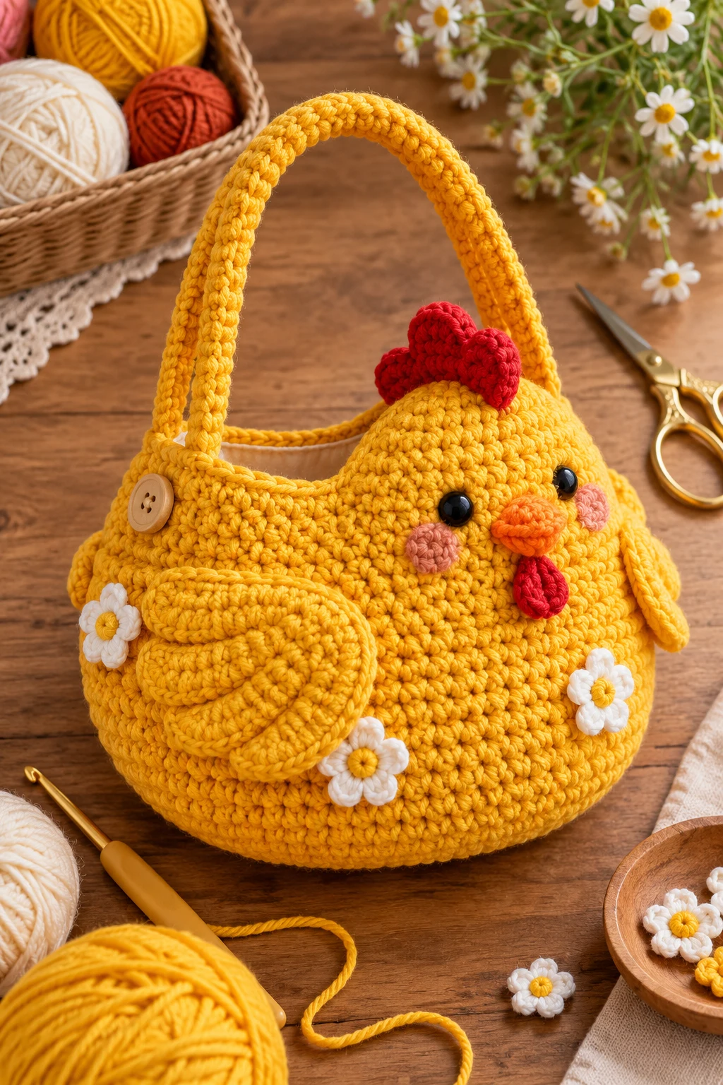 Golden Yellow Crochet Chick Bag — crochet chicken bag style outfit