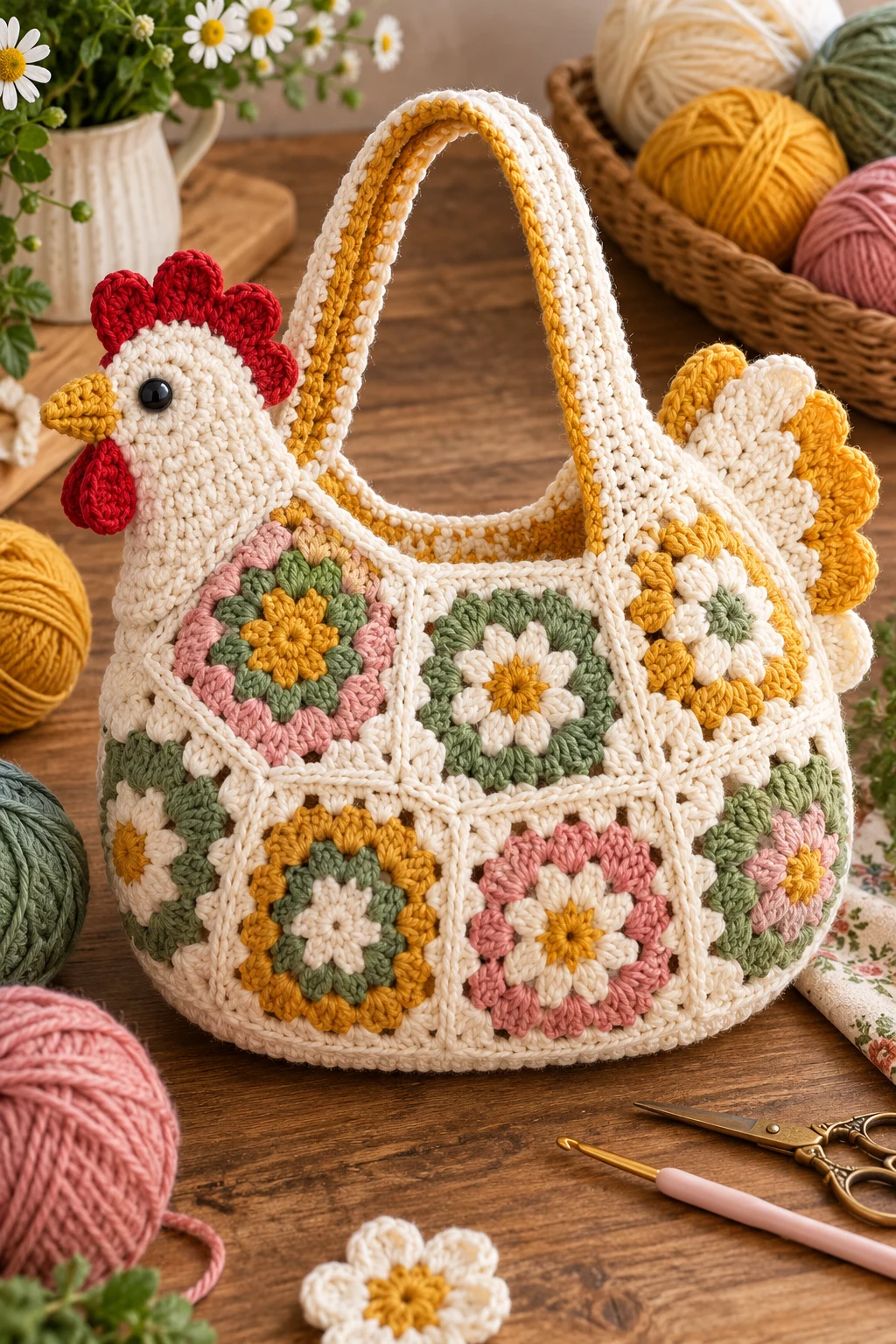Crochet Chicken Bag With Granny Square Body — crochet chicken bag style outfit