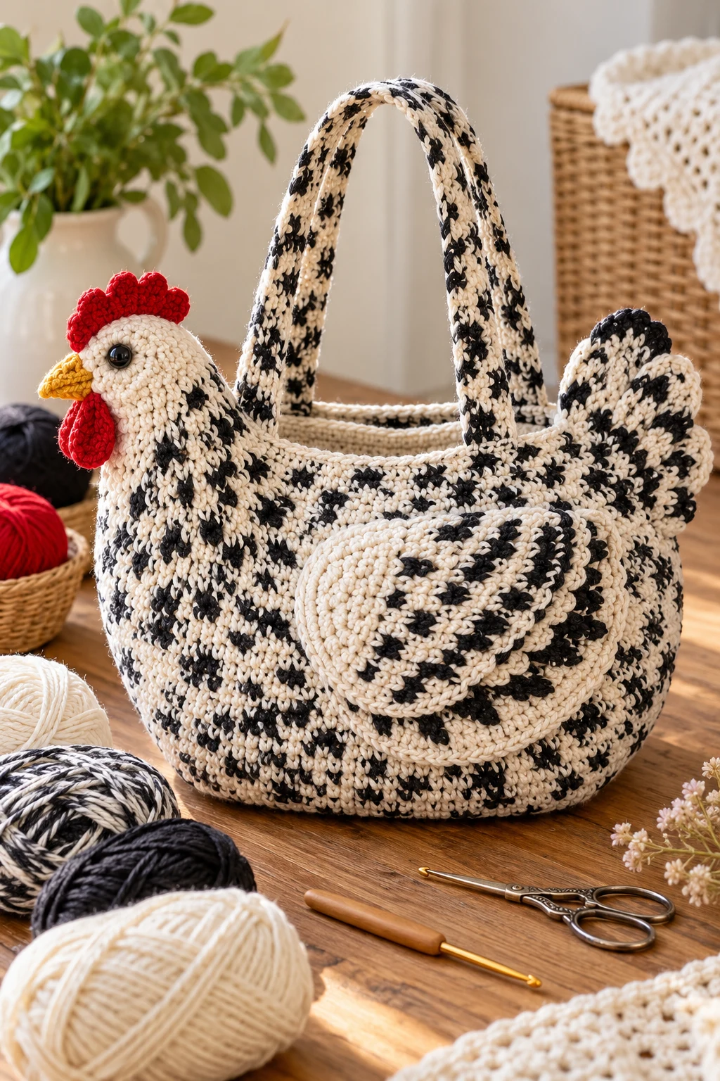 Black-and-White Speckled Chicken Tote — crochet chicken bag style outfit