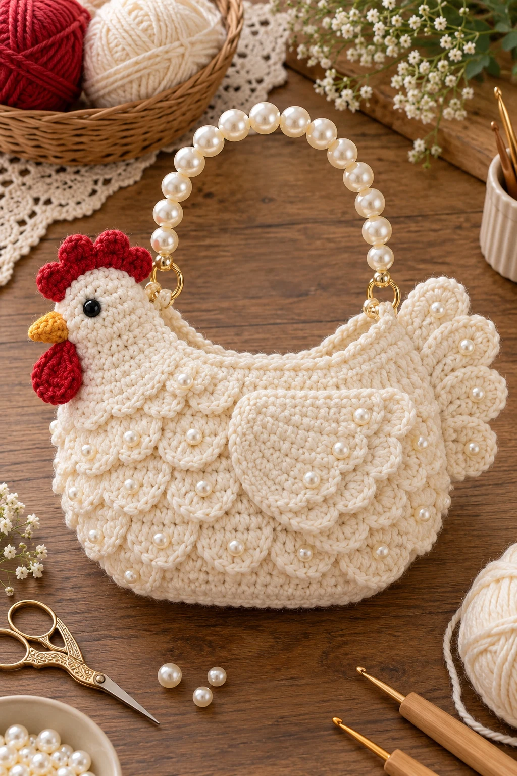 Pearl-Handle Crochet Chicken Purse — crochet chicken bag style outfit
