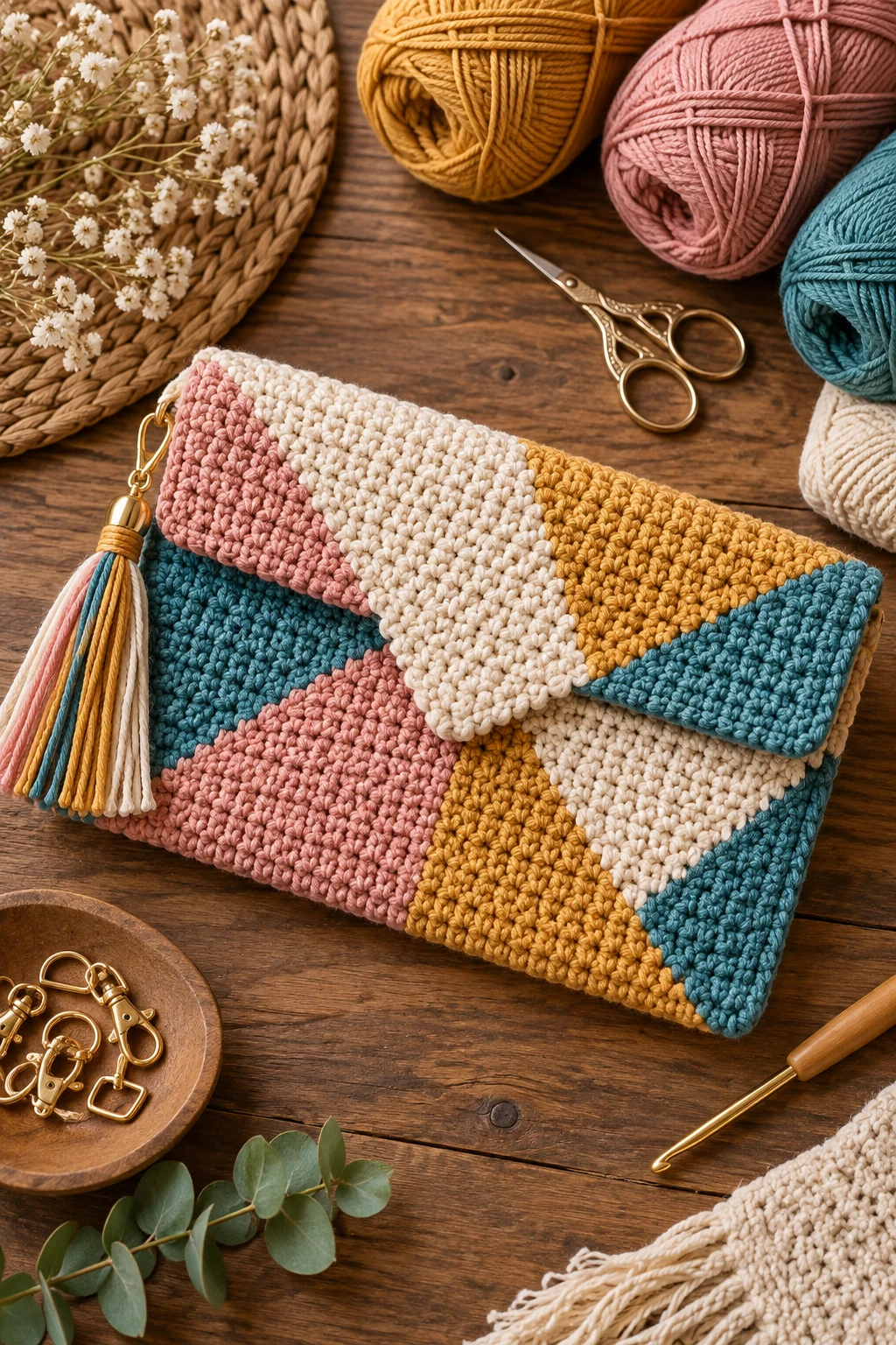 Color-Blocked Geometric Clutch — crochet clutch bag free pattern style outfit