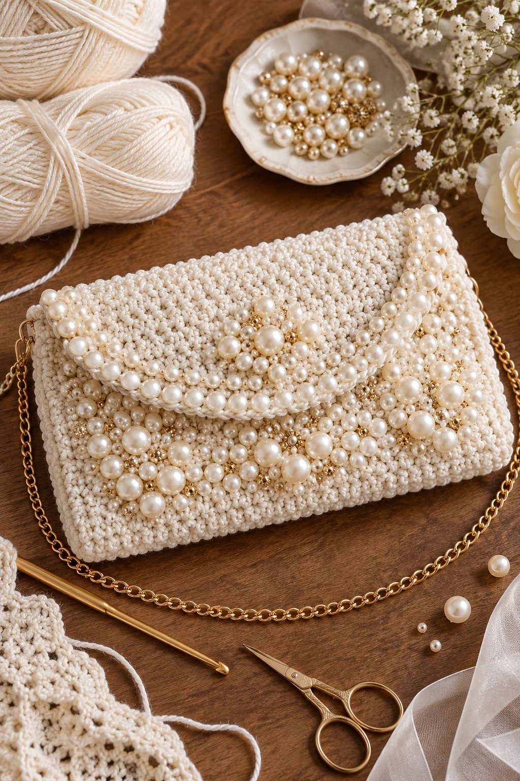 Pearl-Embellished Bridal Clutch — crochet clutch bag free pattern style outfit