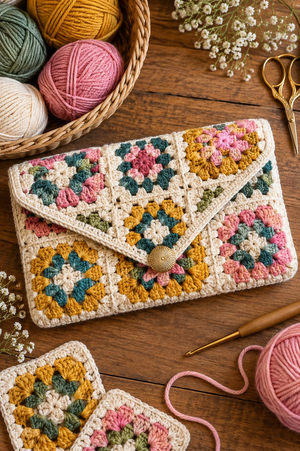 Granny Square Statement Clutch — crochet clutch bag free pattern style outfit