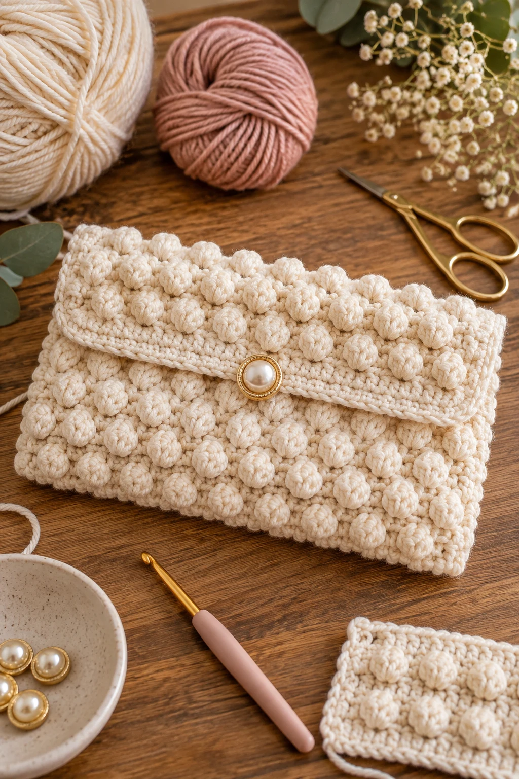 Textured Bobble Clutch — crochet clutch bag free pattern style outfit