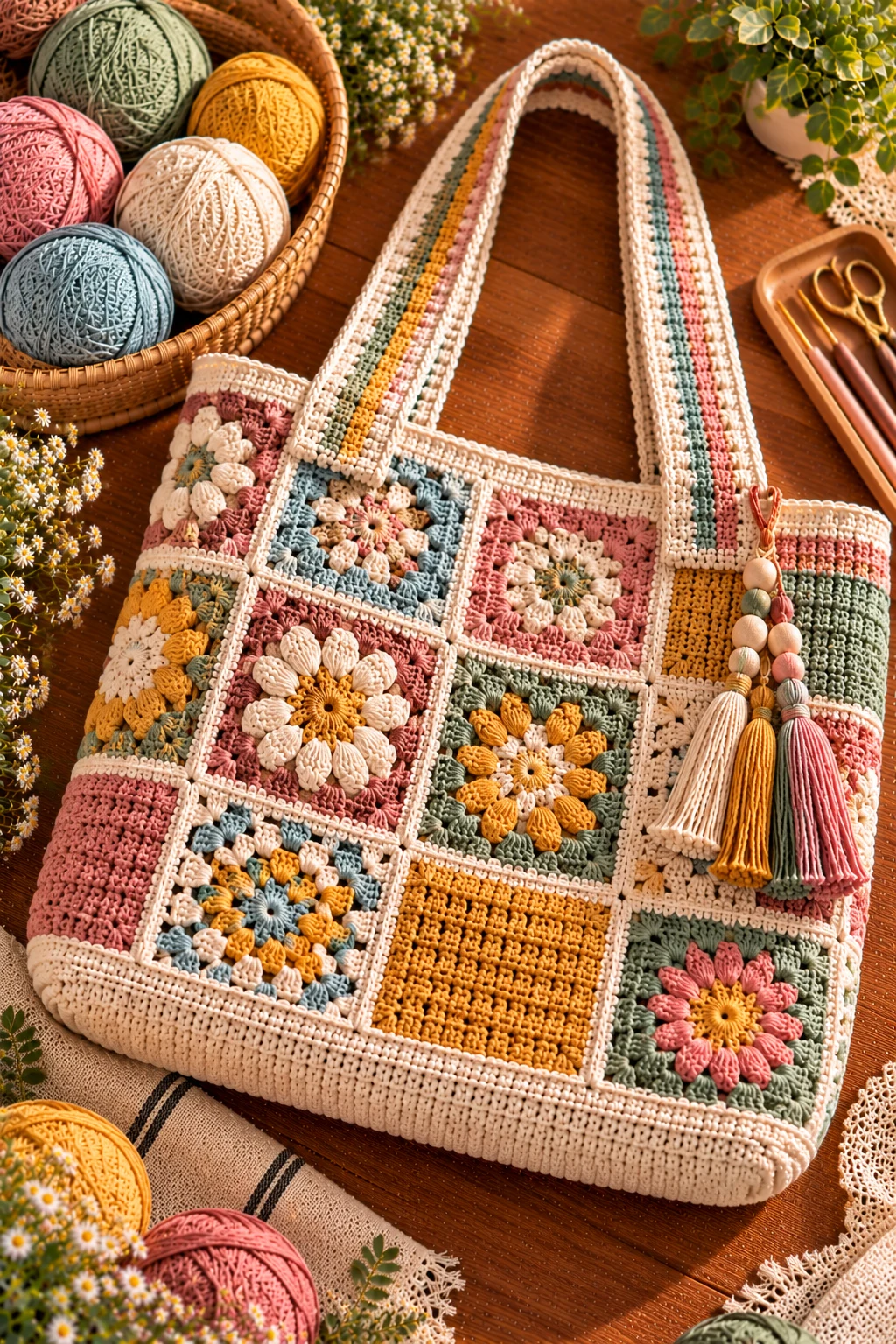 Patchwork Crochet College Bag — crochet college bag style outfit