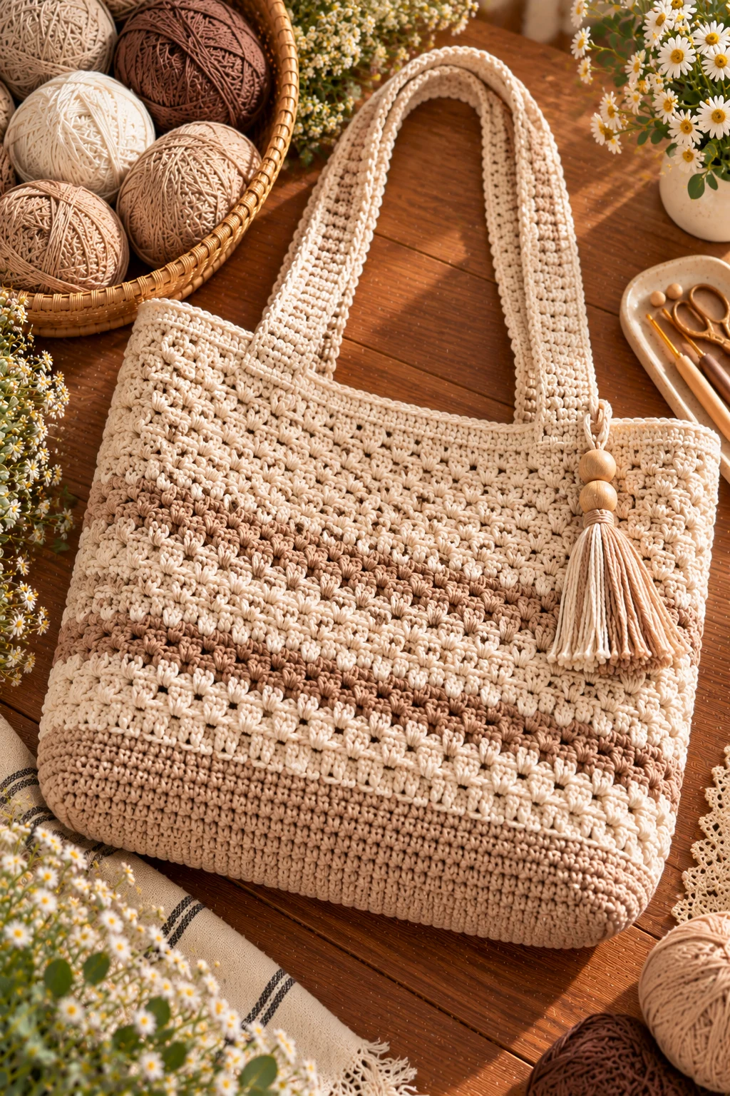 Neutral Minimalist Campus Tote — crochet college bag style outfit