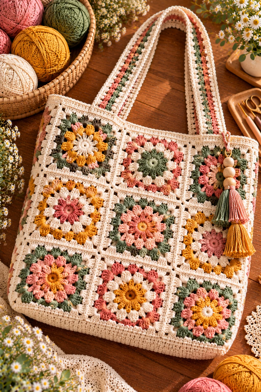 Granny Square College Tote — crochet college bag style outfit