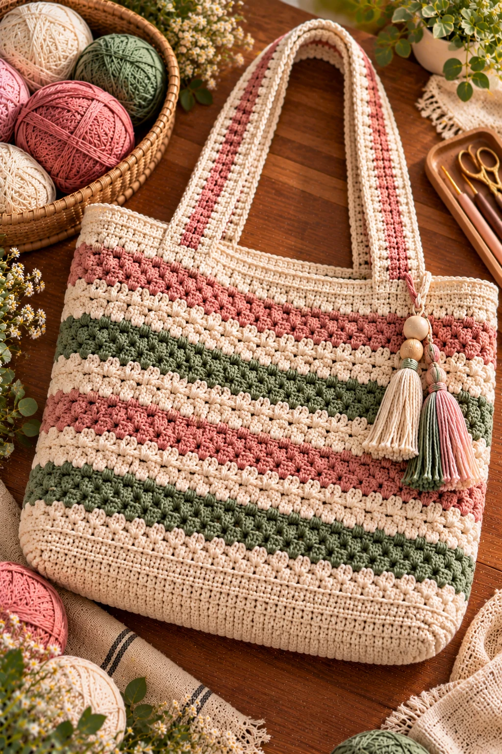 Striped Crochet School Tote Bag — crochet college bag style outfit
