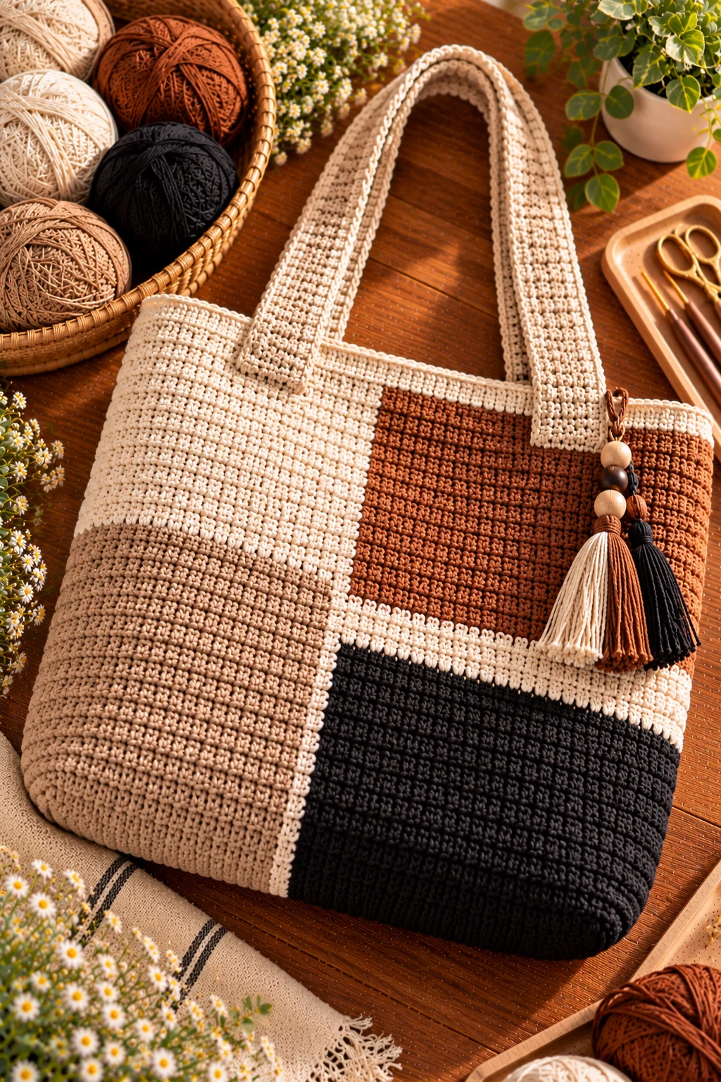Color-Blocked Modern Tote — crochet college bag style outfit