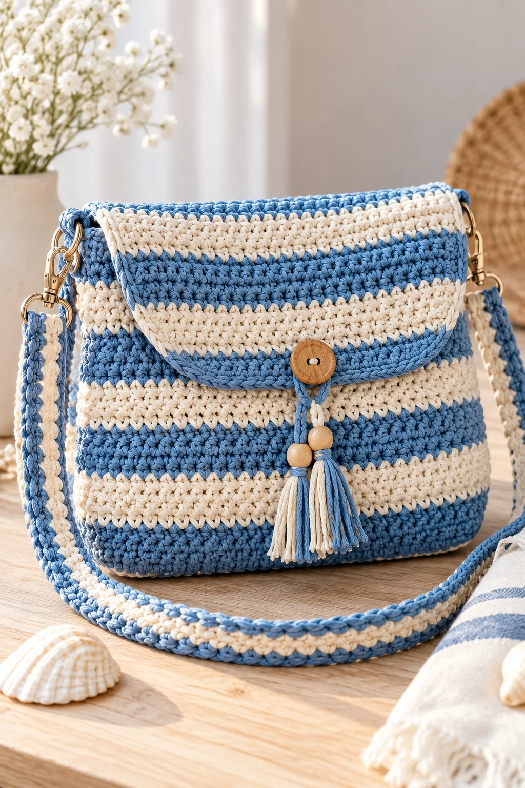 Coastal Blue and White Striped Crossbody Bag — crochet cross body bag pattern free style outfit