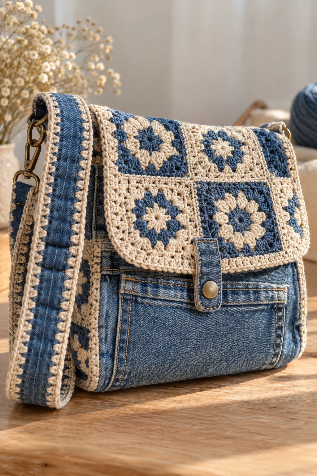 Recycled Denim and Crochet Crossbody Bag — crochet cross body bag pattern free style outfit