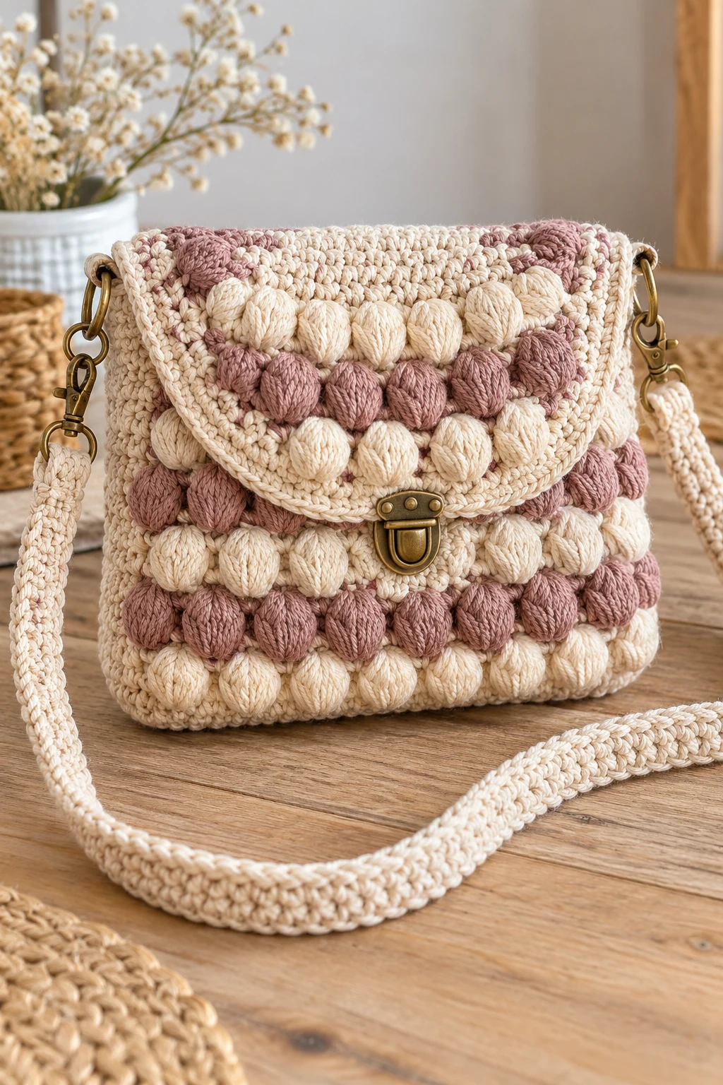 Elegant Crochet Crossbody Bag With Puff Stitches — crochet cross body bag pattern free style outfit