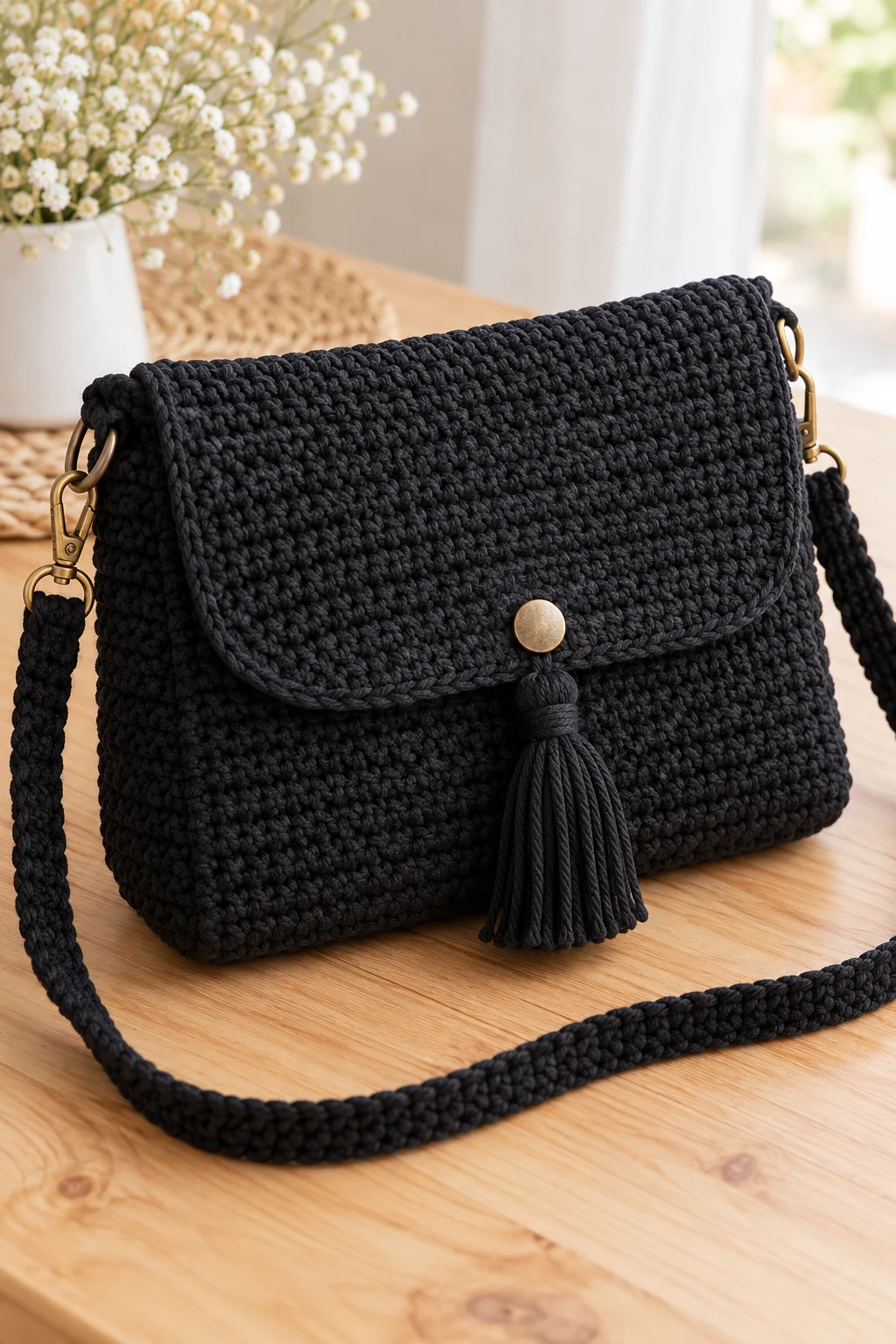 Minimalist Black Crochet Crossbody Purse — crochet cross body bag pattern free style outfit