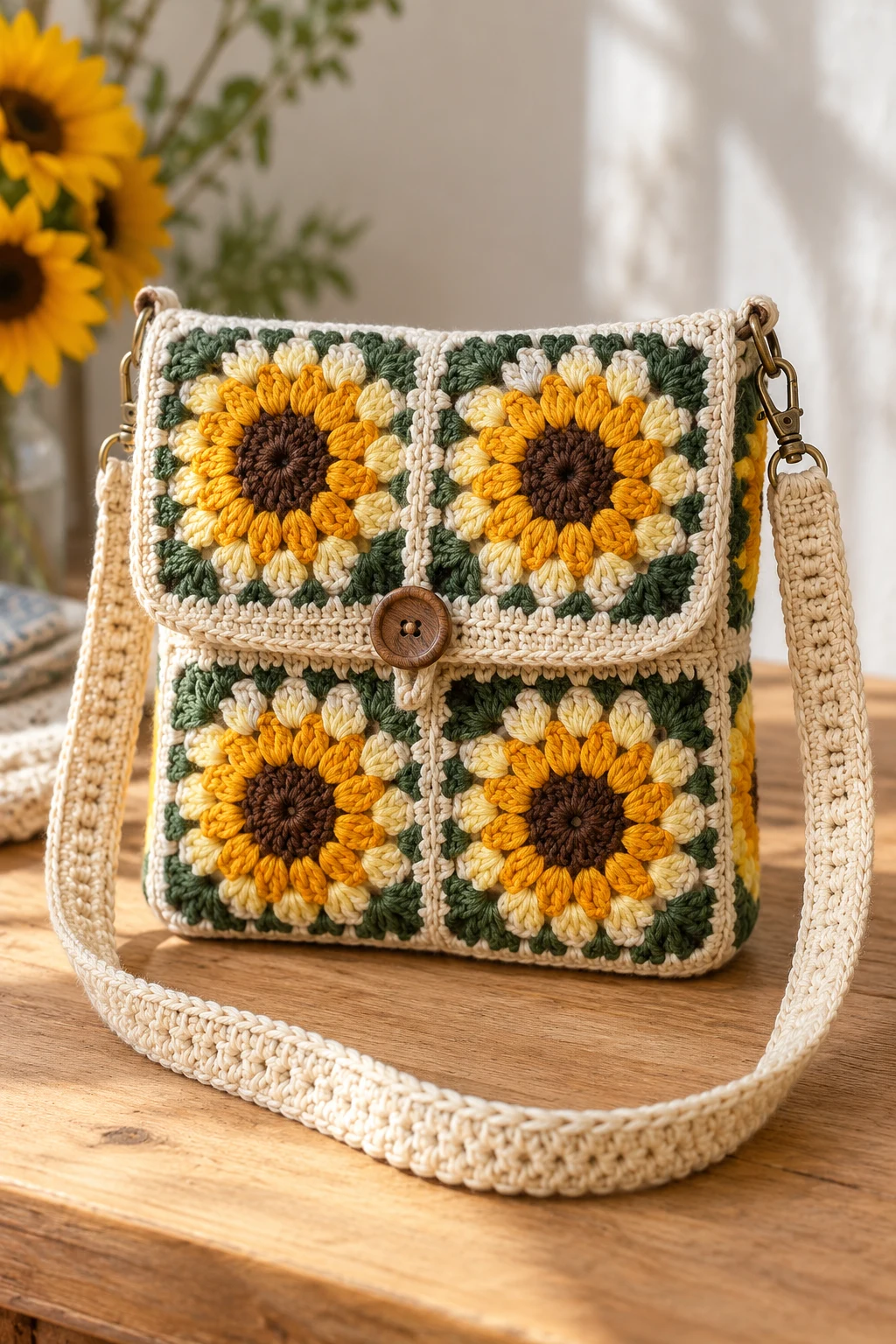 Sunflower Granny Square Crossbody Bag — crochet cross body bag pattern free style outfit