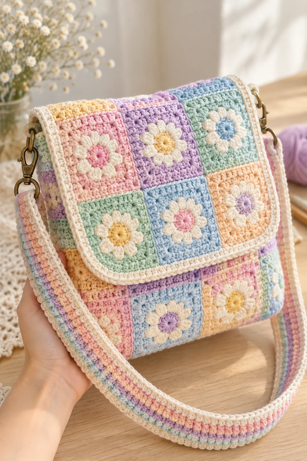 Pastel Patchwork Crochet Crossbody Bag — crochet cross body bag pattern free style outfit