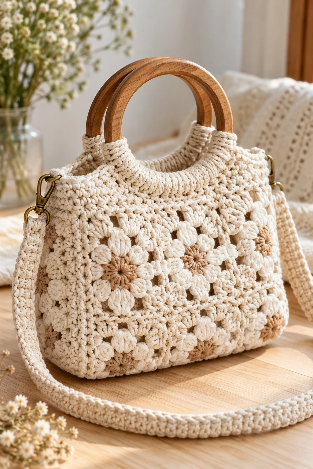 Elegant Crochet Crossbody Bag With Wooden Handles — crochet cross body bag pattern free style outfit