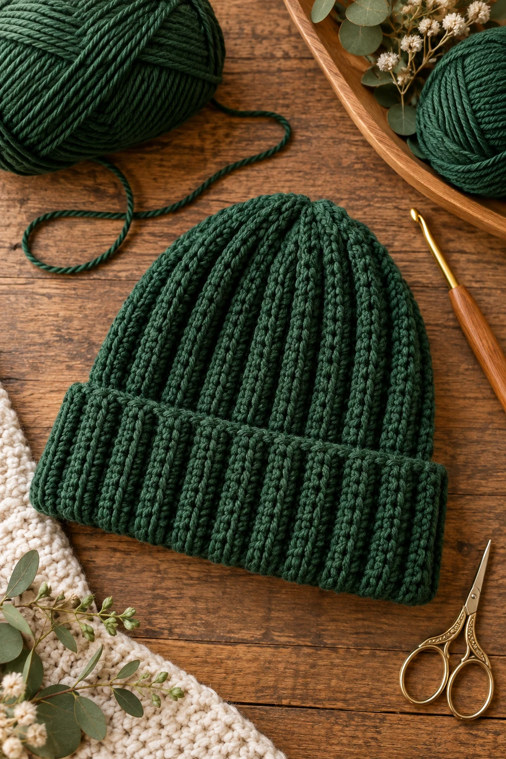 Forest Green Ribbed Beanie — crochet design pattern style outfit