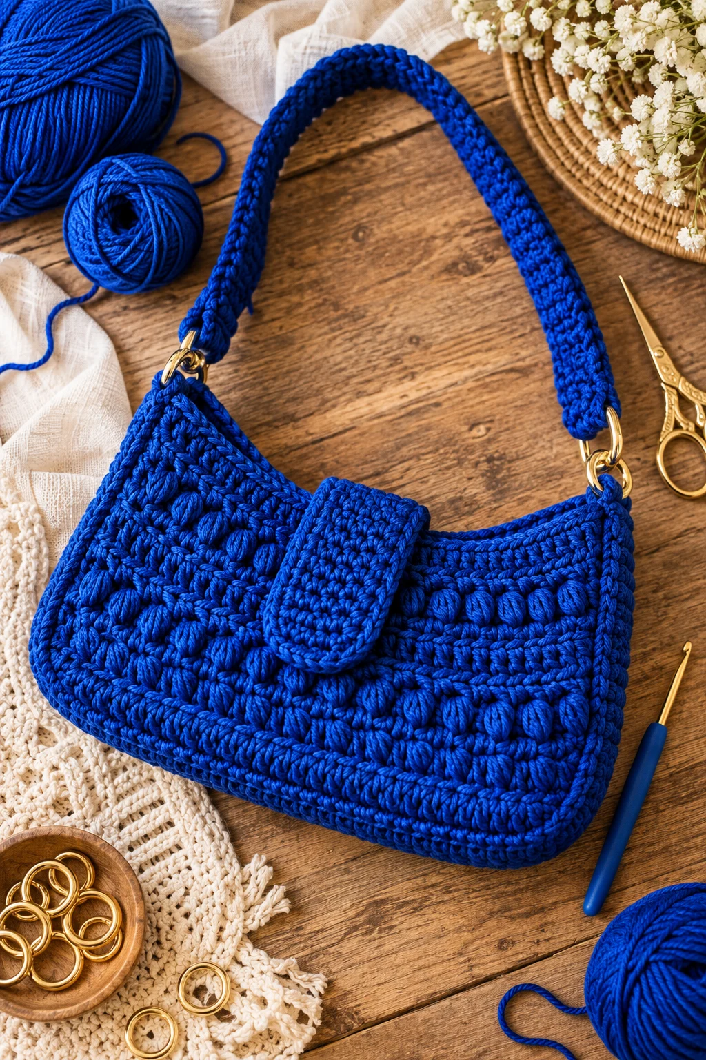 Cobalt Blue Statement Shoulder Bag — crochet design pattern style outfit