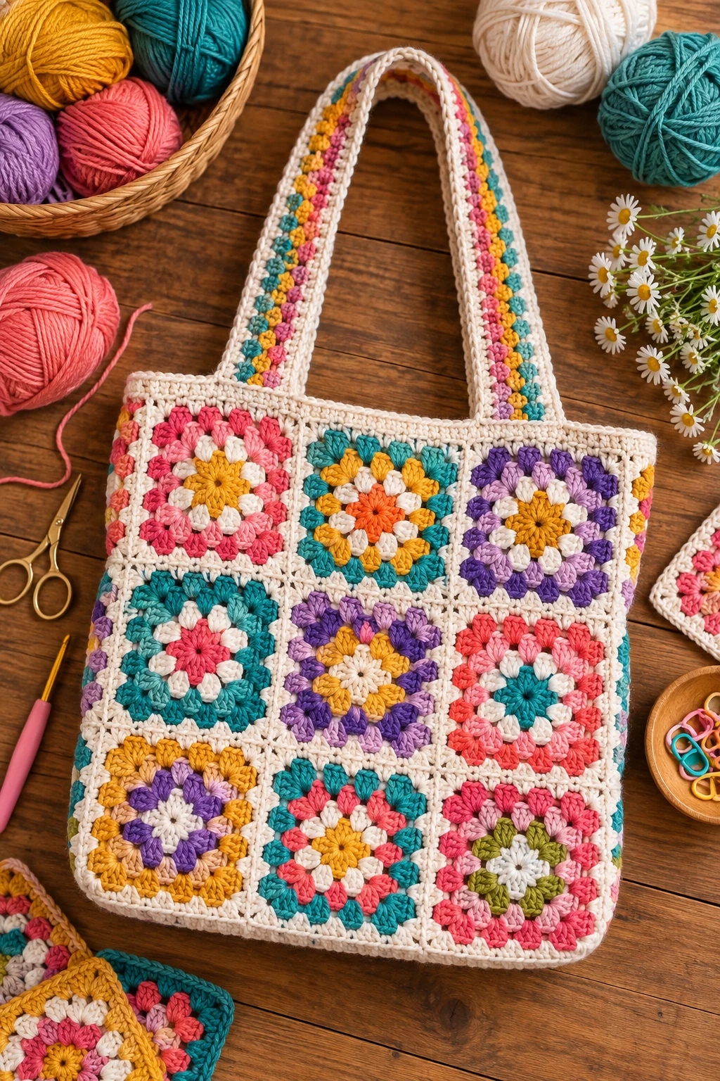 Colorful Granny Square Tote — crochet design pattern style outfit