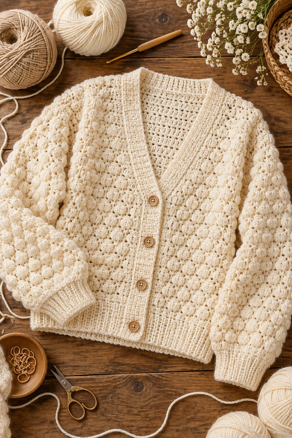 Textured Cream Cardigan — crochet design pattern style outfit