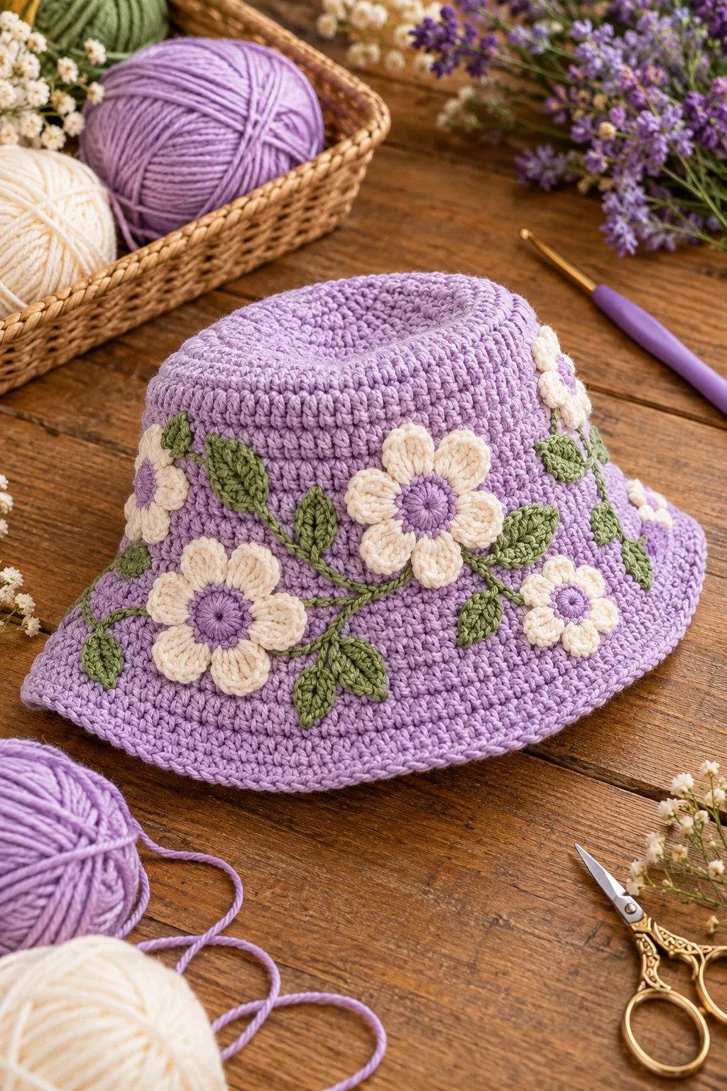 Lavender Floral Bucket Hat — crochet design pattern style outfit