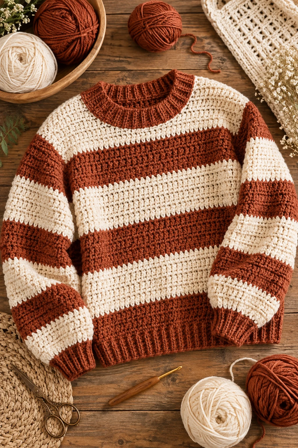 Rust and Cream Striped Sweater — crochet design pattern style outfit