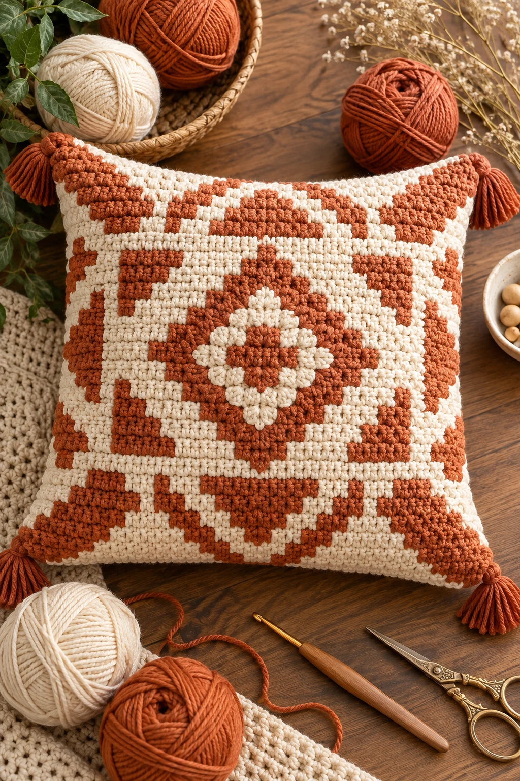 Terracotta Geometric Cushion — crochet design pattern style outfit