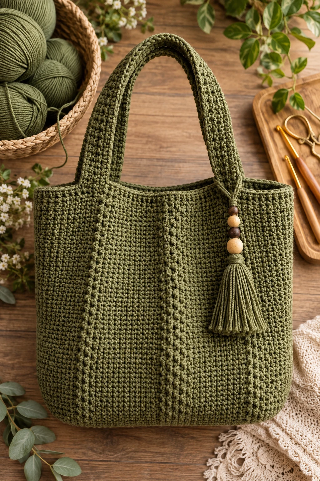 Olive Green Tunisian Tote — crochet design pattern style outfit