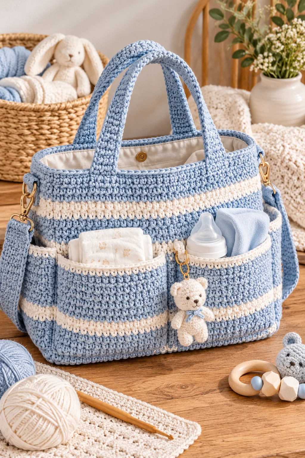 Baby Blue Striped Crochet Diaper Bag — crochet diaper bag style outfit