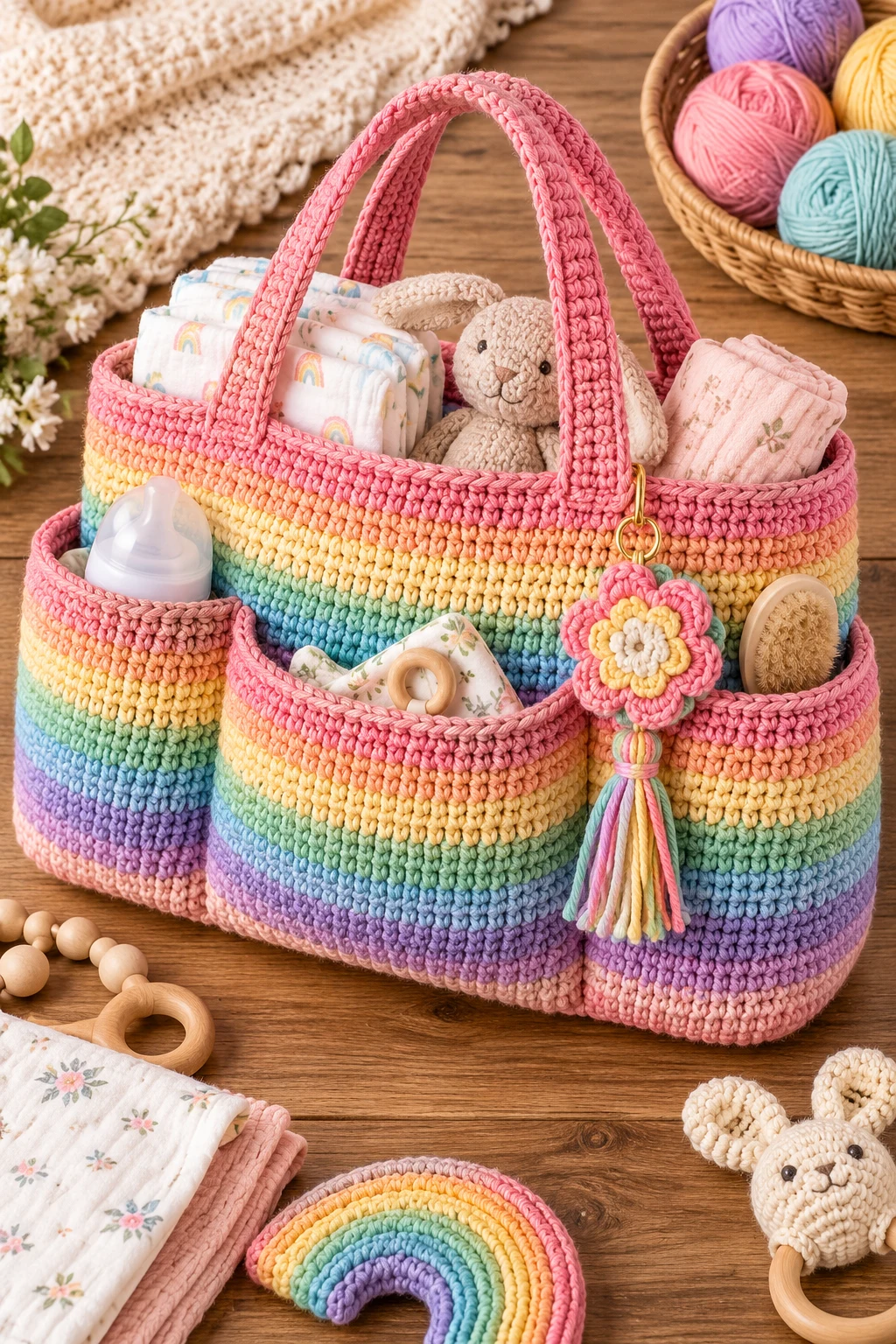 Rainbow Stripe Crochet Baby Bag — crochet diaper bag style outfit
