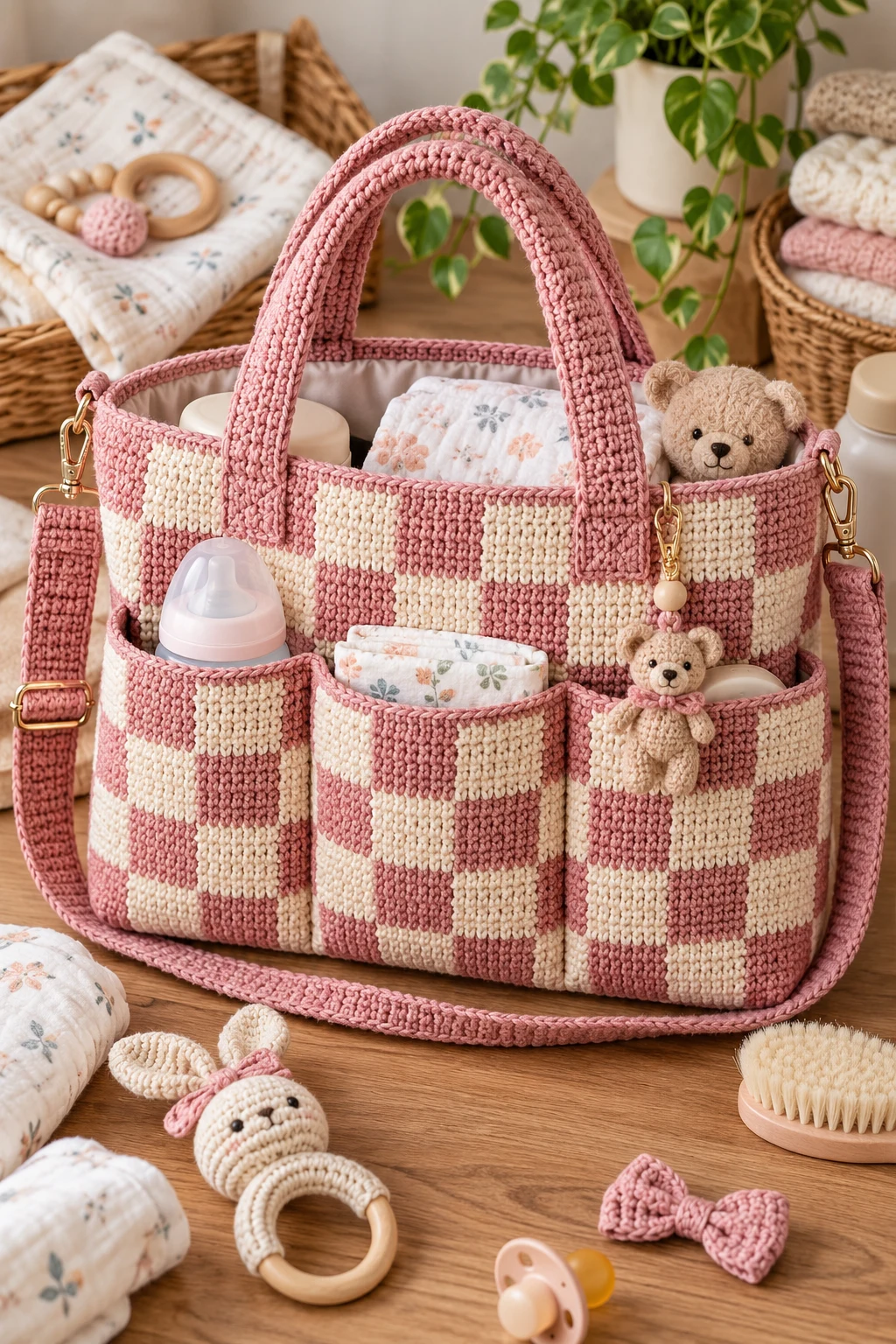 Checkerboard Crochet Diaper Bag — crochet diaper bag style outfit
