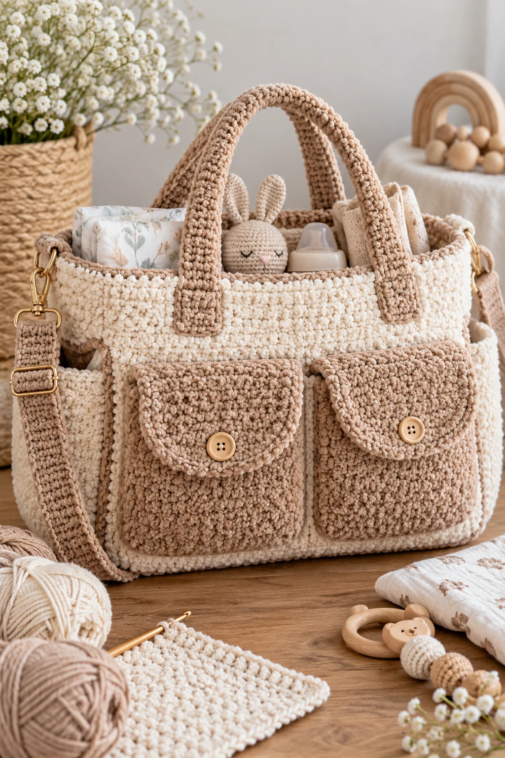 Neutral Teddy-Texture Crochet Diaper Bag — crochet diaper bag style outfit