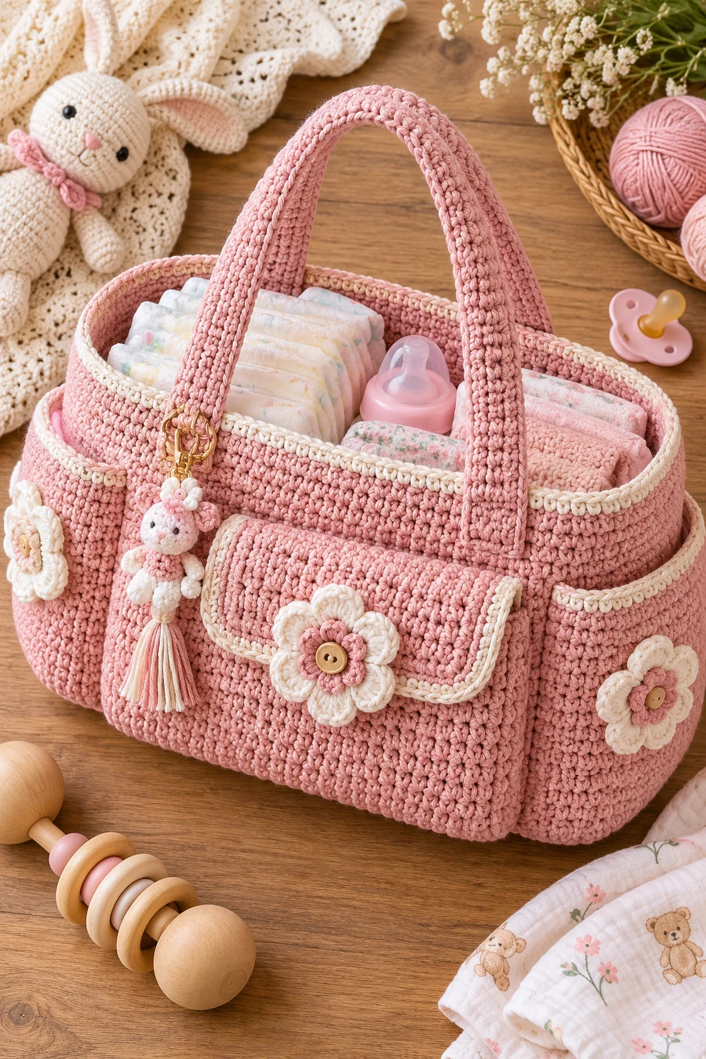Blush Pink Baby Girl Bag — crochet diaper bag style outfit