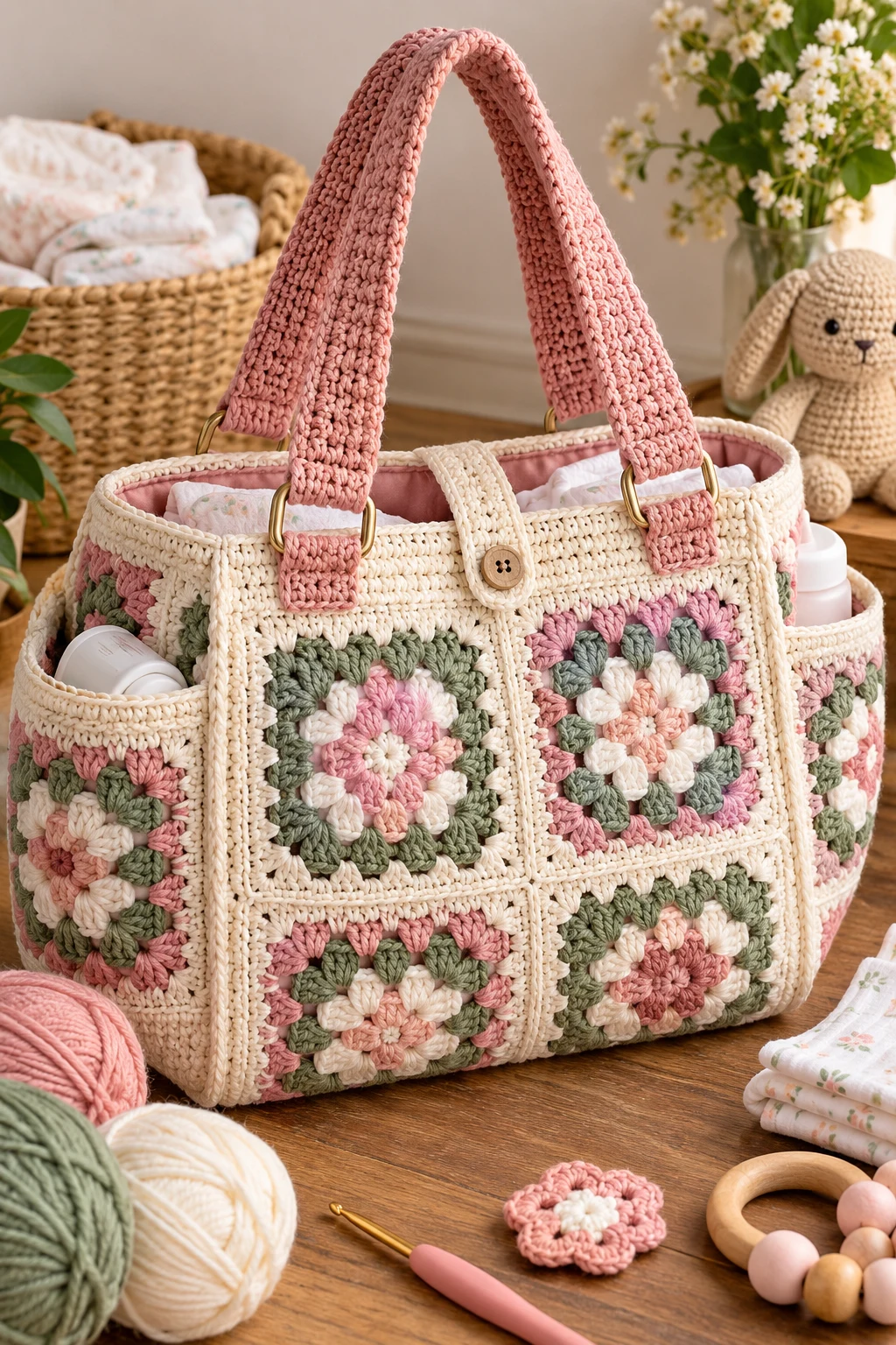 Modern Granny Square Crochet Diaper Bag — crochet diaper bag style outfit